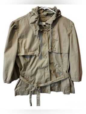 LOFT Tan Utility Jacket XL Ruffle Collar Tie Waist Safari Lightweight